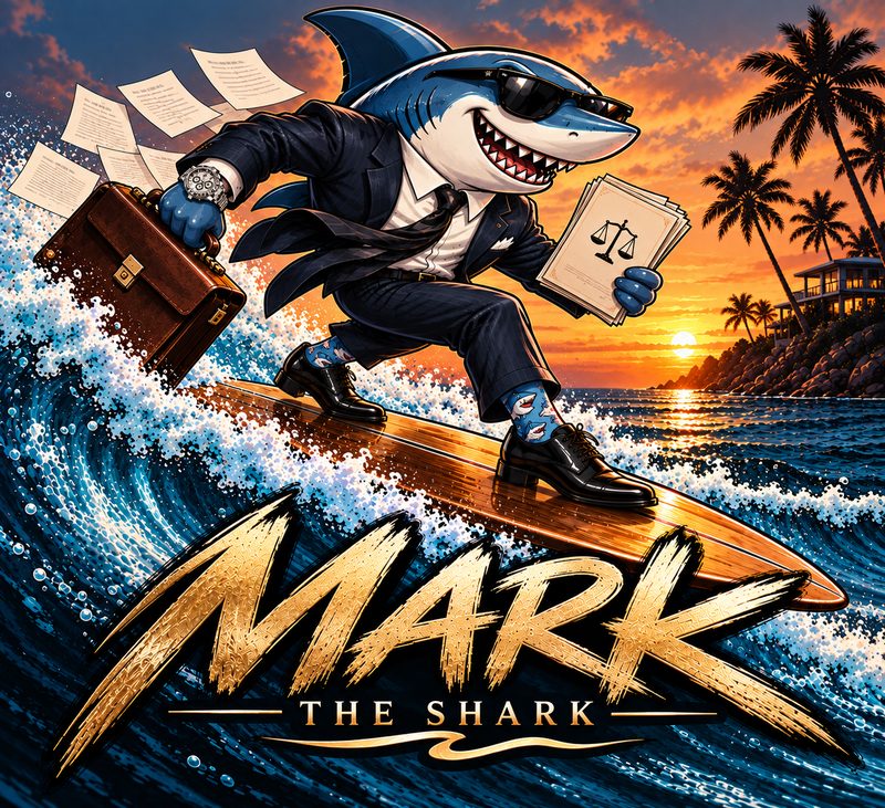 Illustration of Mark the Shark in a pinstripe suit and sunglasses surfing a sunset wave, carrying a leather briefcase and legal papers marked with the scales of justice, above the words &ldquo;Mark the Shark.&rdquo;