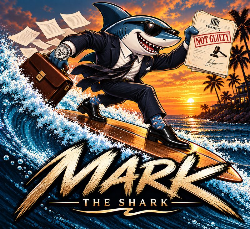 Illustration of Mark the Shark: a grinning shark in a pinstripe suit and sunglasses surfs a wave at sunset, briefcase in one fin and a verdict reading &ldquo;Not Guilty&rdquo; held high in the other, above the brushed-gold words &ldquo;Mark the Shark.&rdquo;