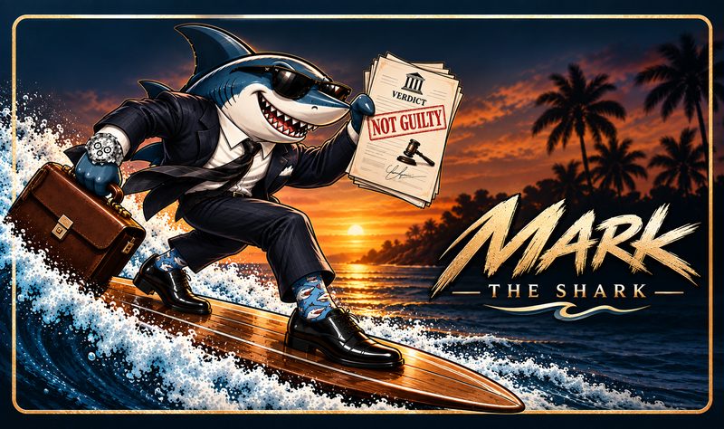 Wide gold-framed illustration of Mark the Shark in a pinstripe suit and sunglasses, surfing a wave toward a palm-lined sunset shore with a briefcase and a &ldquo;Not Guilty&rdquo; verdict, beside the words &ldquo;Mark the Shark.&rdquo;